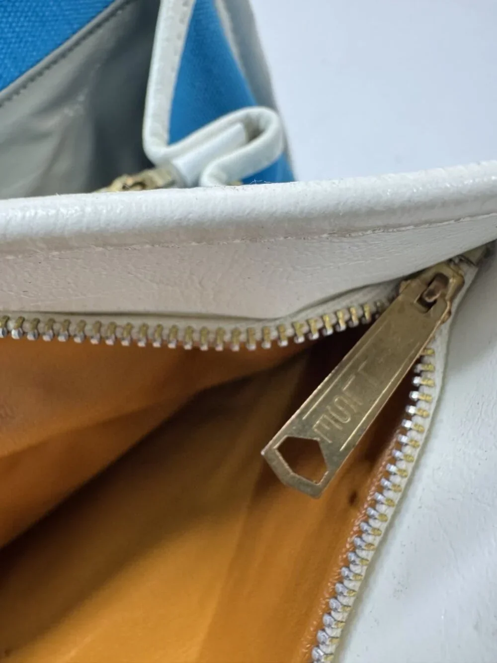 Vintage Blue & White Canvas Tote Bag With Faux Leather Trim